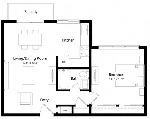 Floor plan for 1 bed, 1 bath, 606 sqft